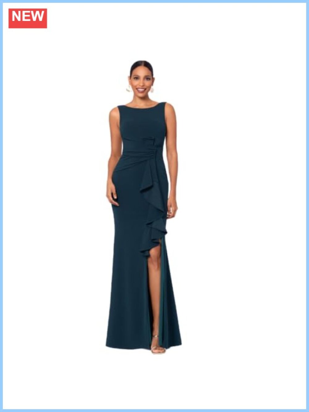 Sleeveless Boat Neck Bodycon Evening Gown Side Slit Ruffle